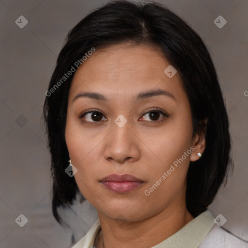 Neutral asian young-adult female with medium  brown hair and brown eyes