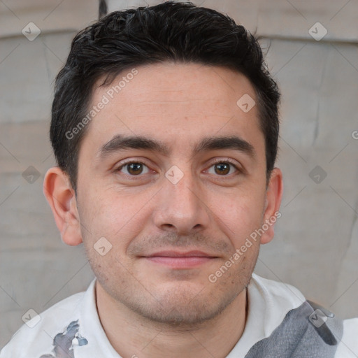 Joyful white young-adult male with short  brown hair and brown eyes