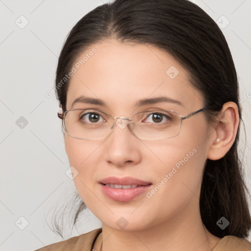 Joyful white young-adult female with medium  brown hair and grey eyes