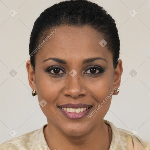 Joyful black young-adult female with short  brown hair and brown eyes