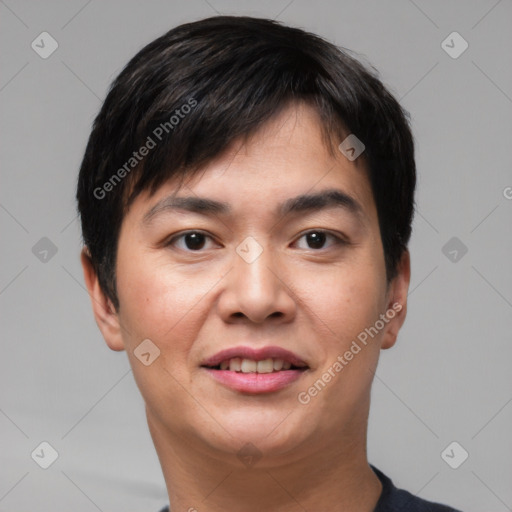 Joyful asian young-adult male with short  black hair and brown eyes