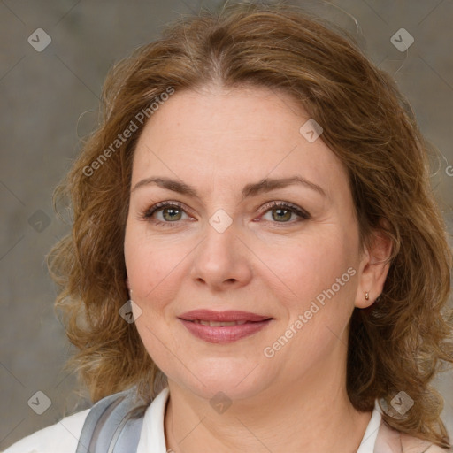 Joyful white young-adult female with medium  brown hair and green eyes