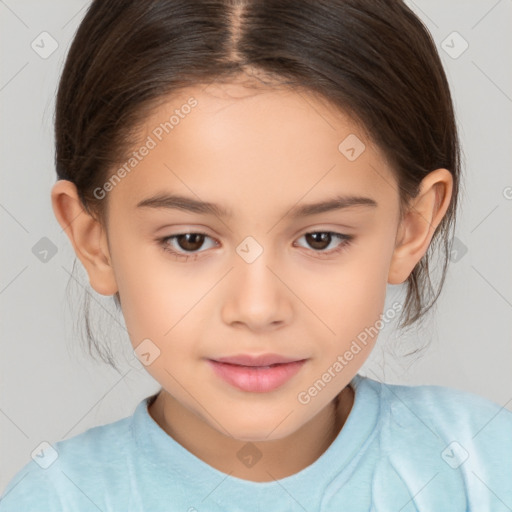 Joyful white child female with medium  brown hair and brown eyes