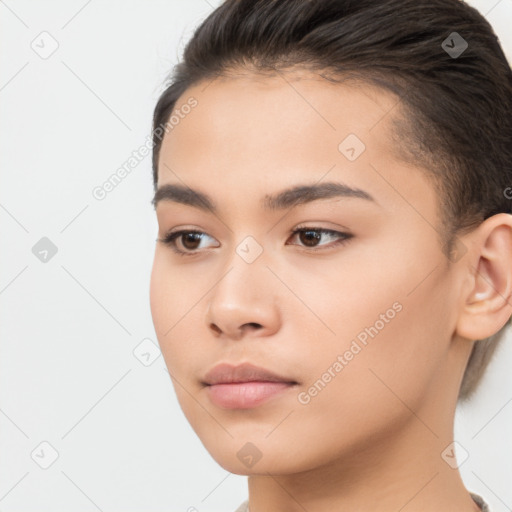 Neutral white young-adult female with short  brown hair and brown eyes