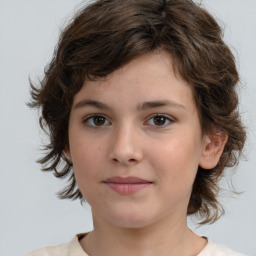 Joyful white child female with medium  brown hair and brown eyes