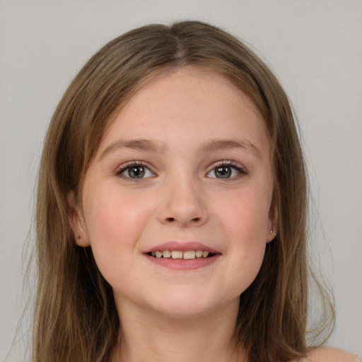 Joyful white child female with long  brown hair and grey eyes