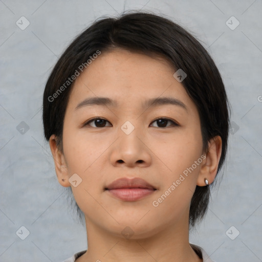 Neutral asian young-adult female with medium  brown hair and brown eyes