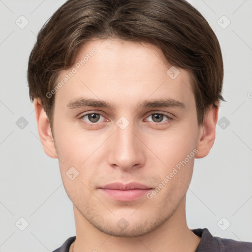 Neutral white young-adult male with short  brown hair and brown eyes