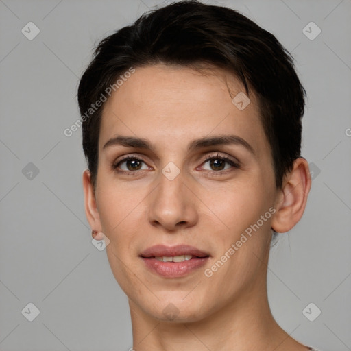 Joyful white young-adult female with short  brown hair and brown eyes