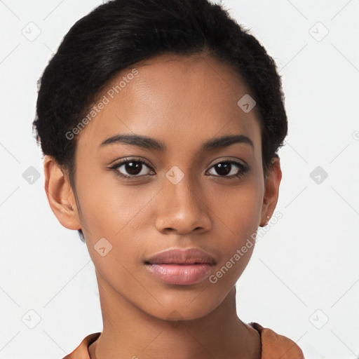 Neutral latino young-adult female with short  brown hair and brown eyes