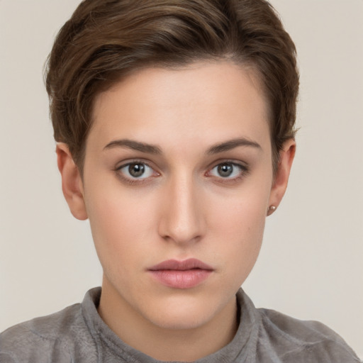 Neutral white young-adult female with short  brown hair and brown eyes