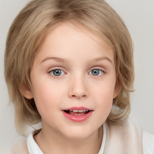 Joyful white child female with medium  brown hair and blue eyes