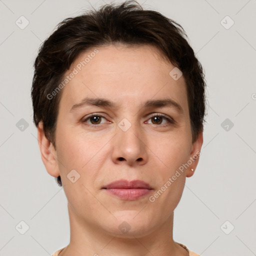 Neutral white young-adult female with short  brown hair and brown eyes