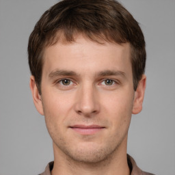 Neutral white young-adult male with short  brown hair and grey eyes
