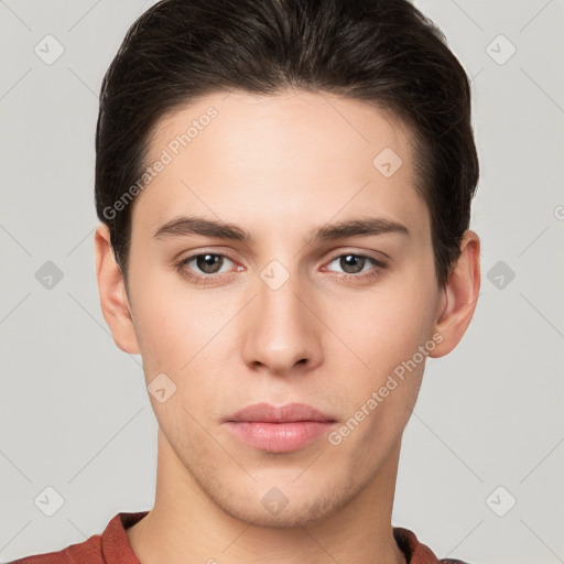 Neutral white young-adult male with short  brown hair and brown eyes