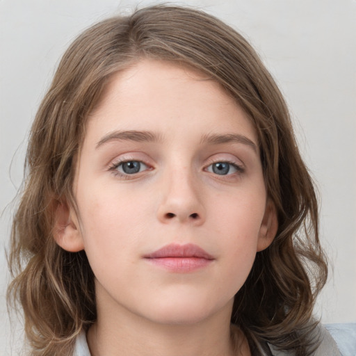 Neutral white young-adult female with medium  brown hair and grey eyes