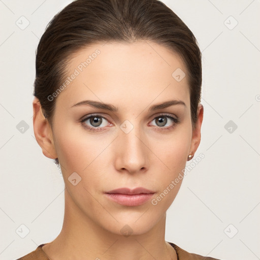 Neutral white young-adult female with short  brown hair and brown eyes