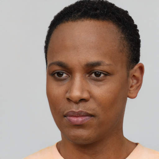 Neutral black young-adult female with short  black hair and brown eyes
