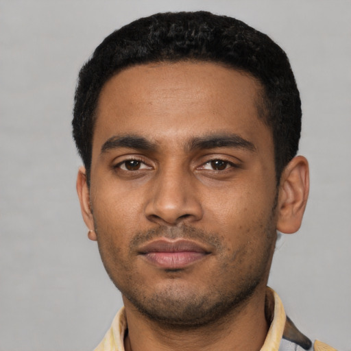 Neutral latino young-adult male with short  black hair and brown eyes