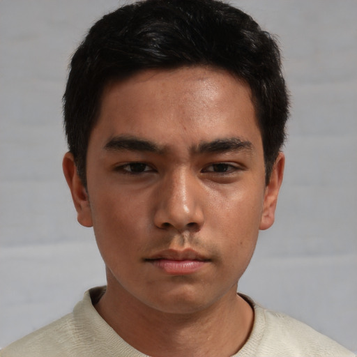 Neutral asian young-adult male with short  brown hair and brown eyes