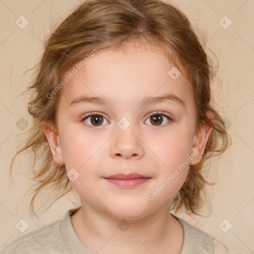 Joyful white child female with medium  brown hair and brown eyes