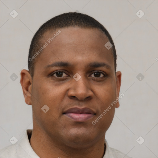 Neutral black young-adult male with short  brown hair and brown eyes