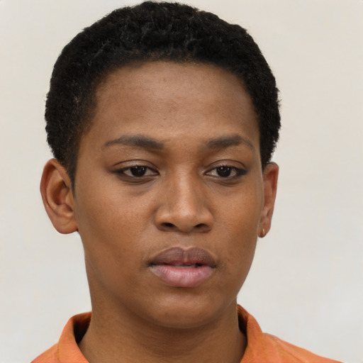 Neutral black young-adult female with short  black hair and brown eyes