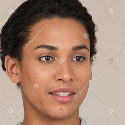 Joyful latino young-adult female with short  brown hair and brown eyes