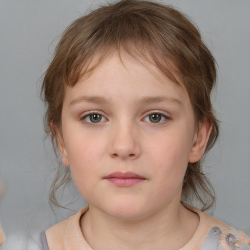 Neutral white child female with medium  brown hair and grey eyes