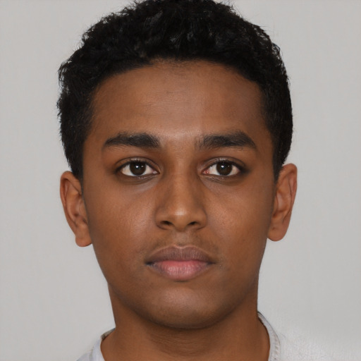 Neutral black young-adult male with short  black hair and brown eyes