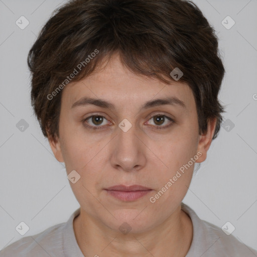 Neutral white young-adult female with short  brown hair and brown eyes