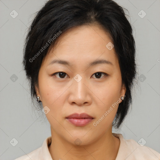 Neutral asian young-adult female with medium  brown hair and brown eyes