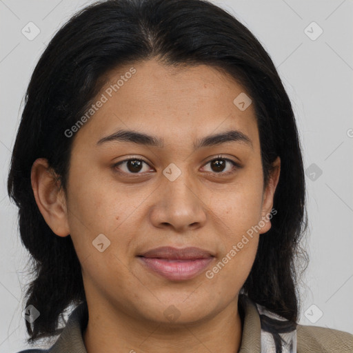 Joyful asian young-adult female with medium  brown hair and brown eyes