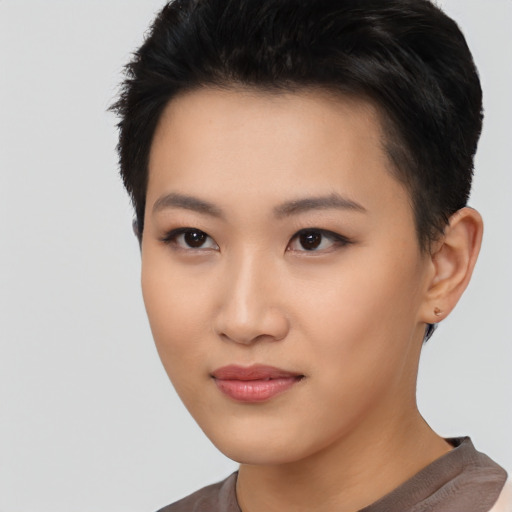 Neutral asian young-adult female with short  black hair and brown eyes