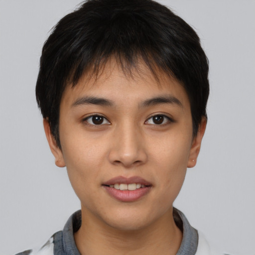 Joyful asian young-adult female with short  brown hair and brown eyes
