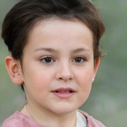 Joyful white child female with short  brown hair and brown eyes