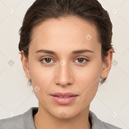 Neutral white young-adult female with medium  brown hair and brown eyes