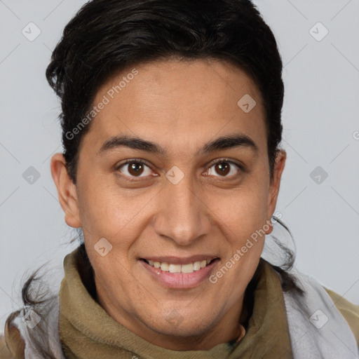 Joyful latino young-adult male with short  brown hair and brown eyes