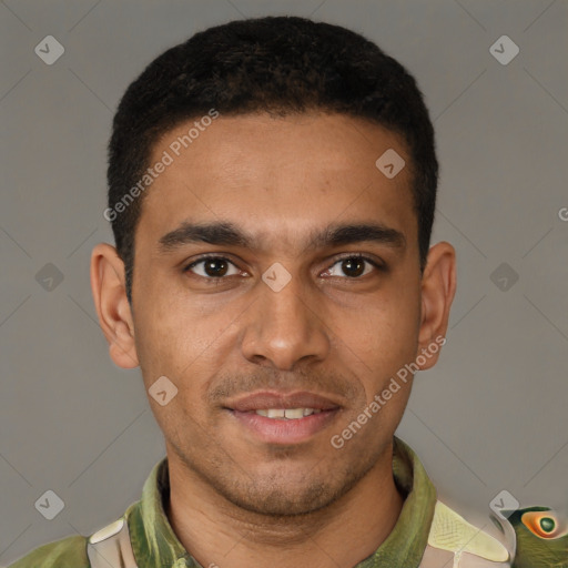 Joyful latino young-adult male with short  brown hair and brown eyes