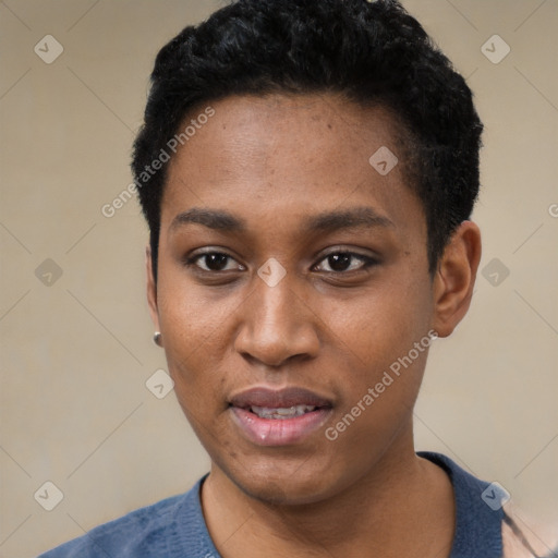 Joyful black young-adult female with short  black hair and brown eyes