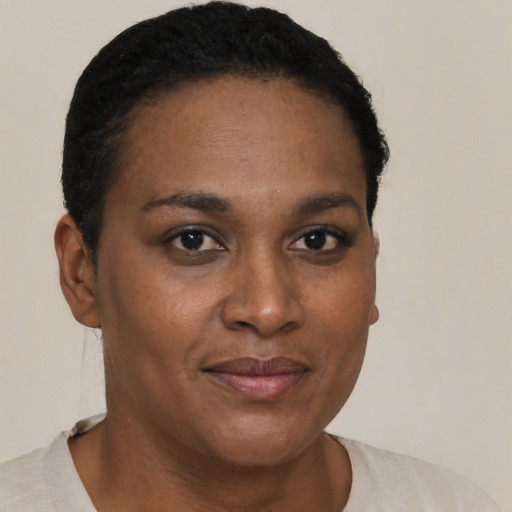 Joyful black young-adult female with short  brown hair and brown eyes