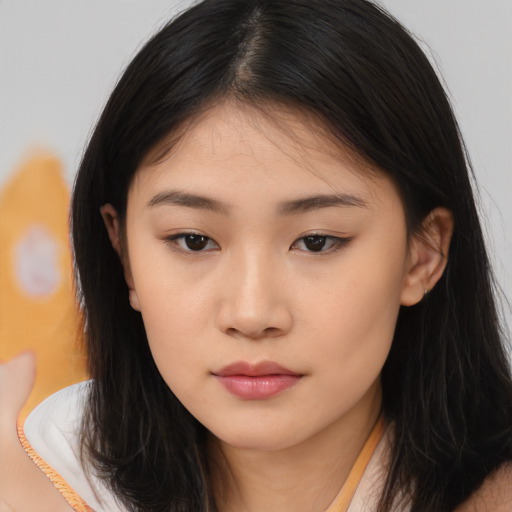 Neutral asian young-adult female with long  brown hair and brown eyes