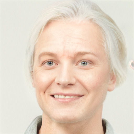 Joyful white adult female with short  blond hair and blue eyes