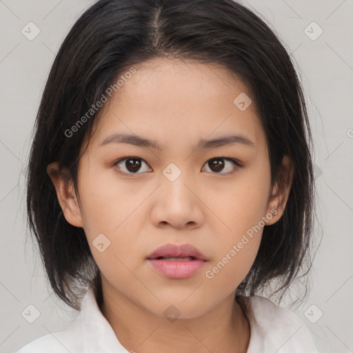 Neutral asian young-adult female with medium  brown hair and brown eyes