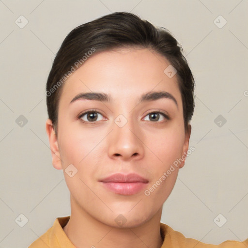 Neutral white young-adult female with short  brown hair and brown eyes