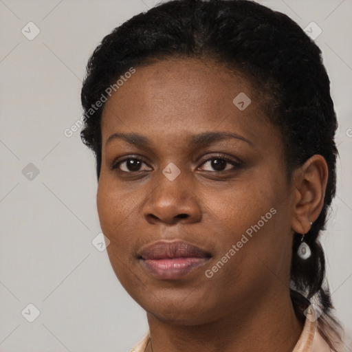 Neutral black young-adult female with short  black hair and brown eyes