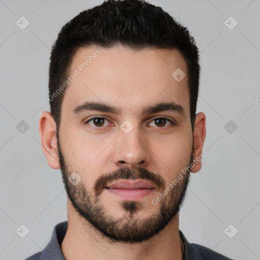 Neutral white young-adult male with short  brown hair and brown eyes