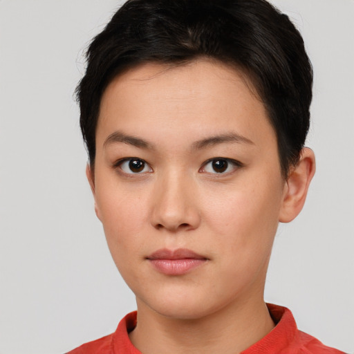 Neutral white young-adult female with short  brown hair and brown eyes