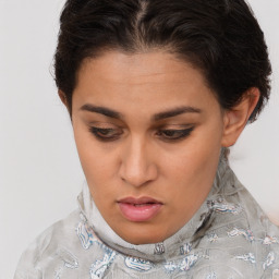 Neutral white young-adult female with short  brown hair and brown eyes