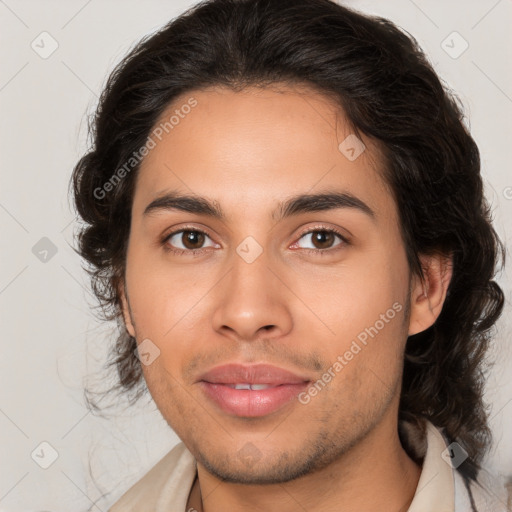 Joyful white young-adult male with medium  brown hair and brown eyes